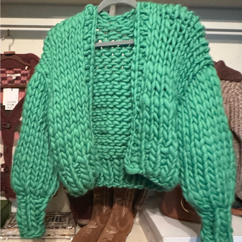 Chunky hand Knit Green Sweater one size